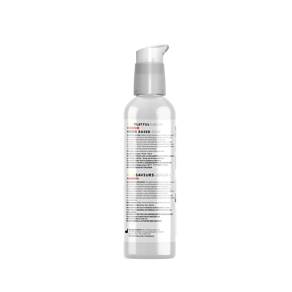 Clear glass bottle with silver pump and white label black text for Swiss Navy playful flavors mango water based glide