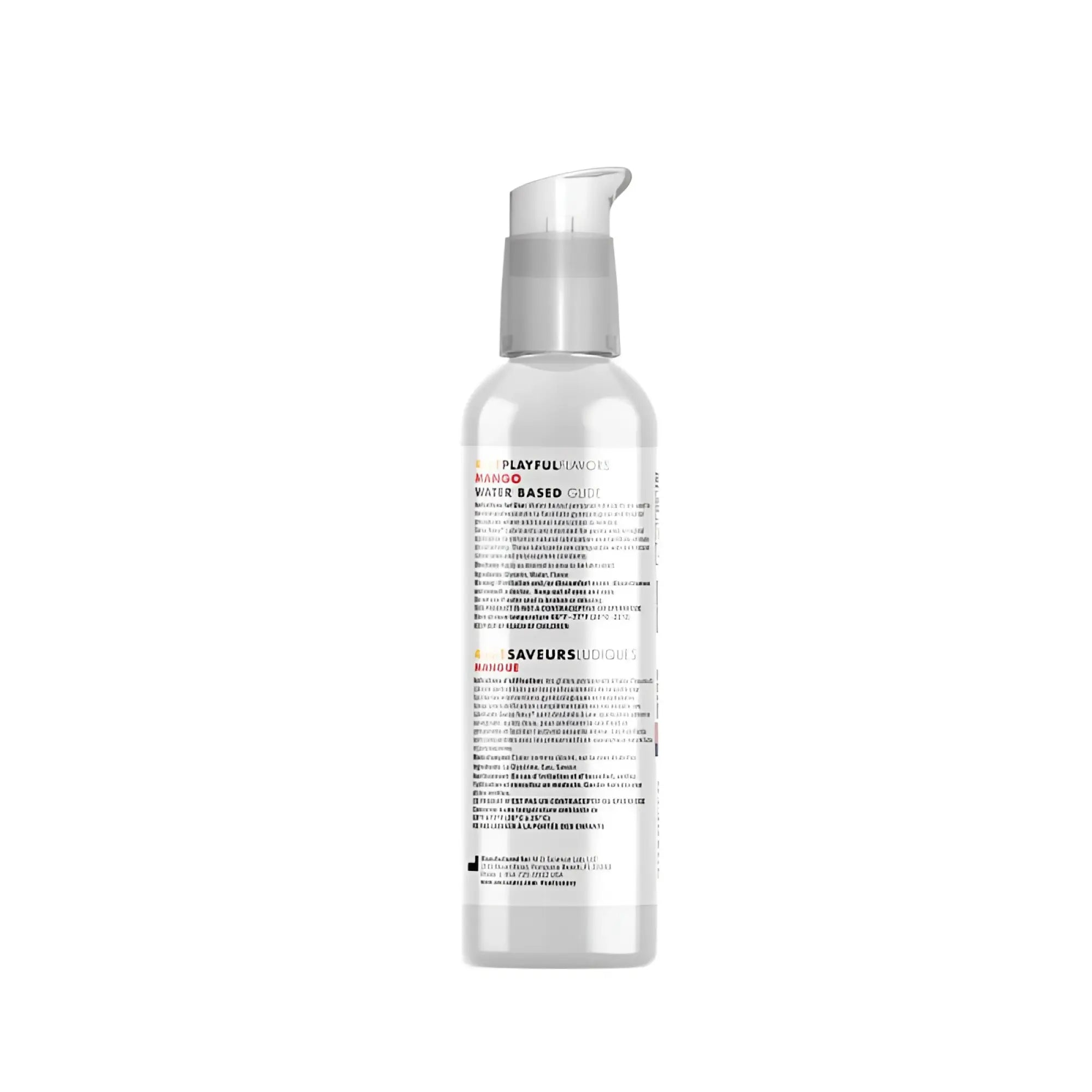 Clear glass bottle with silver pump and white label black text for Swiss Navy playful flavors mango water based glide