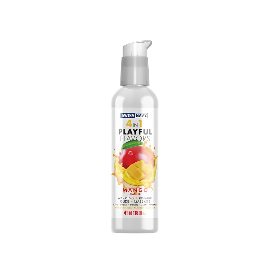Clear plastic bottle with silver pump labeled swiss navy playful flavours 4 in 1 mango with mango slice illustration