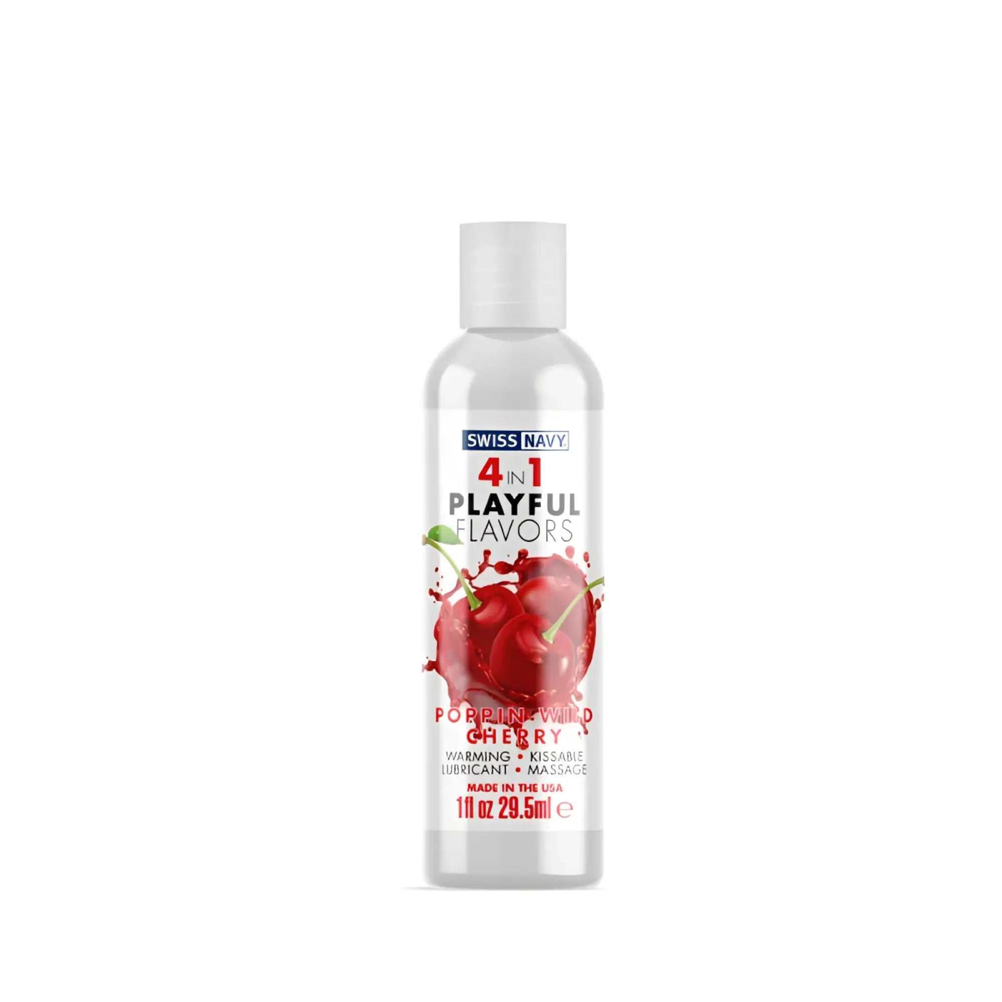 Clear plastic bottle with white cap swiss navy playful flavours 4 in 1 poppin wild cherry 1oz with red cherry graphic