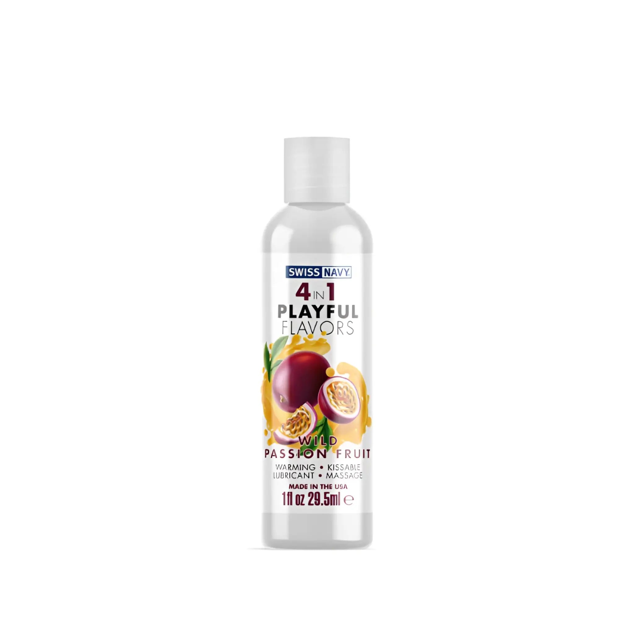 Swiss navy playful flavours 4 in 1 wild passion fruit lubricant in clear plastic bottle with white cap and fruit label