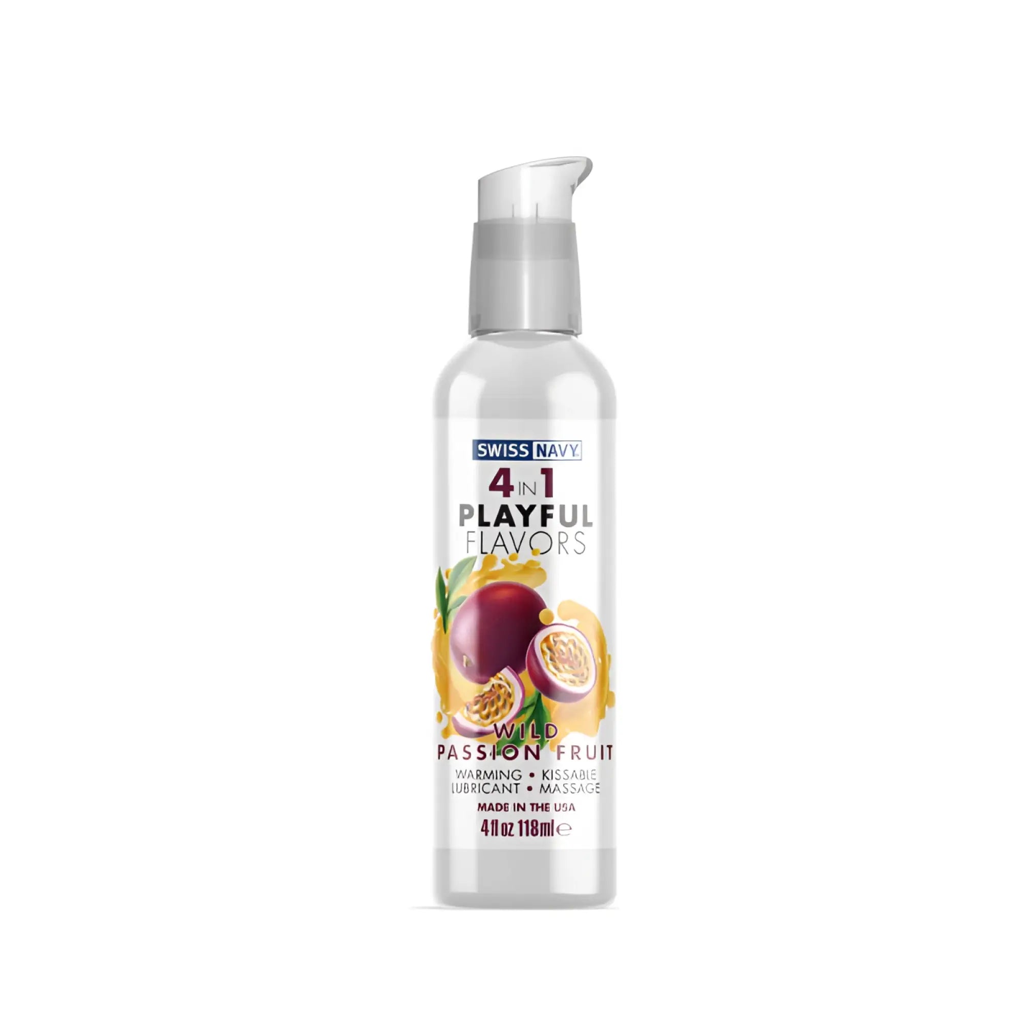 Clear plastic bottle with silver pump of swiss navy playful flavours 4 in 1 wild passion fruit lubricant 4oz