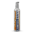A sleek silver bottle of swiss navy salted caramel water-based flavored lubricant with a gray pump dispenser