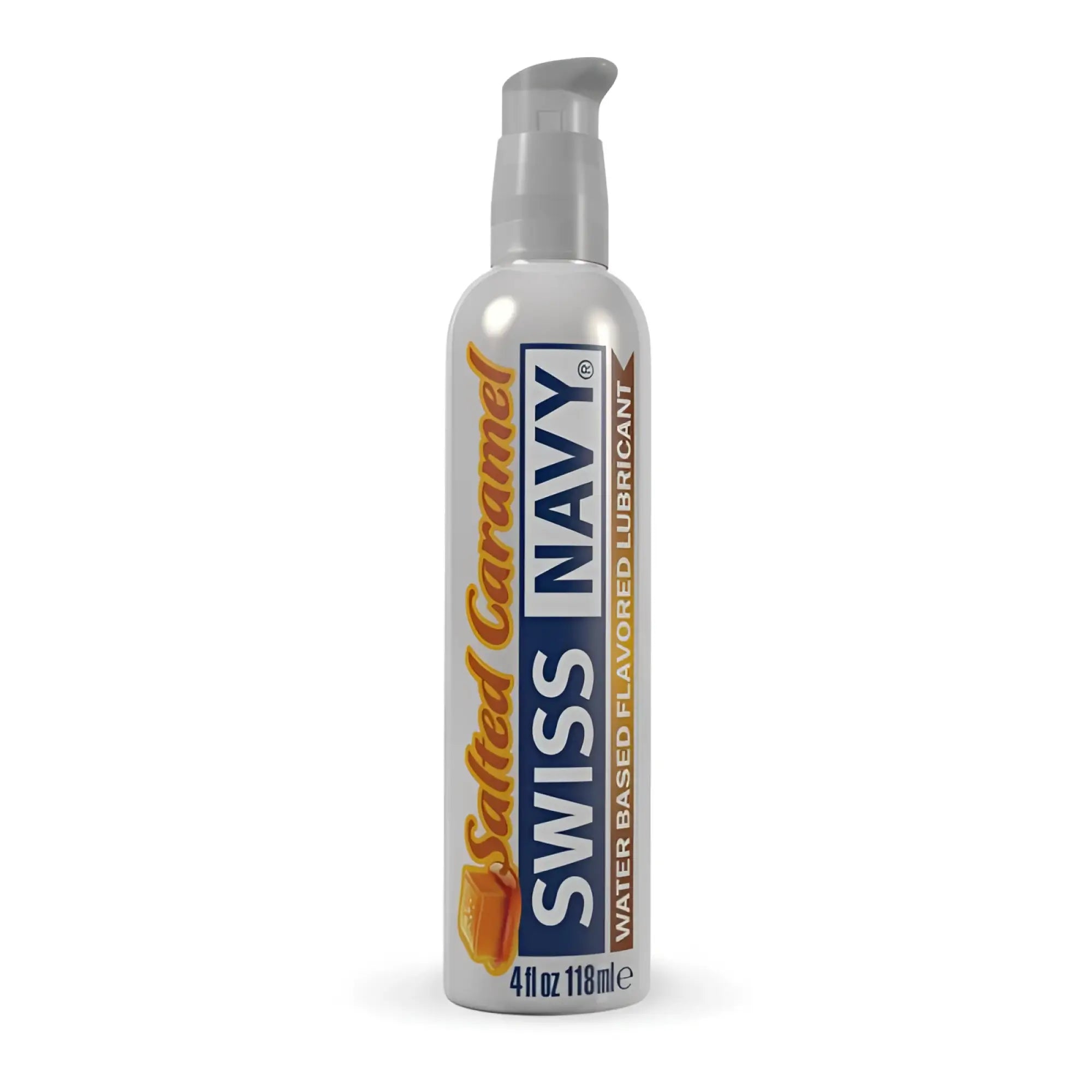 A sleek silver bottle of swiss navy salted caramel water-based flavored lubricant with a gray pump dispenser