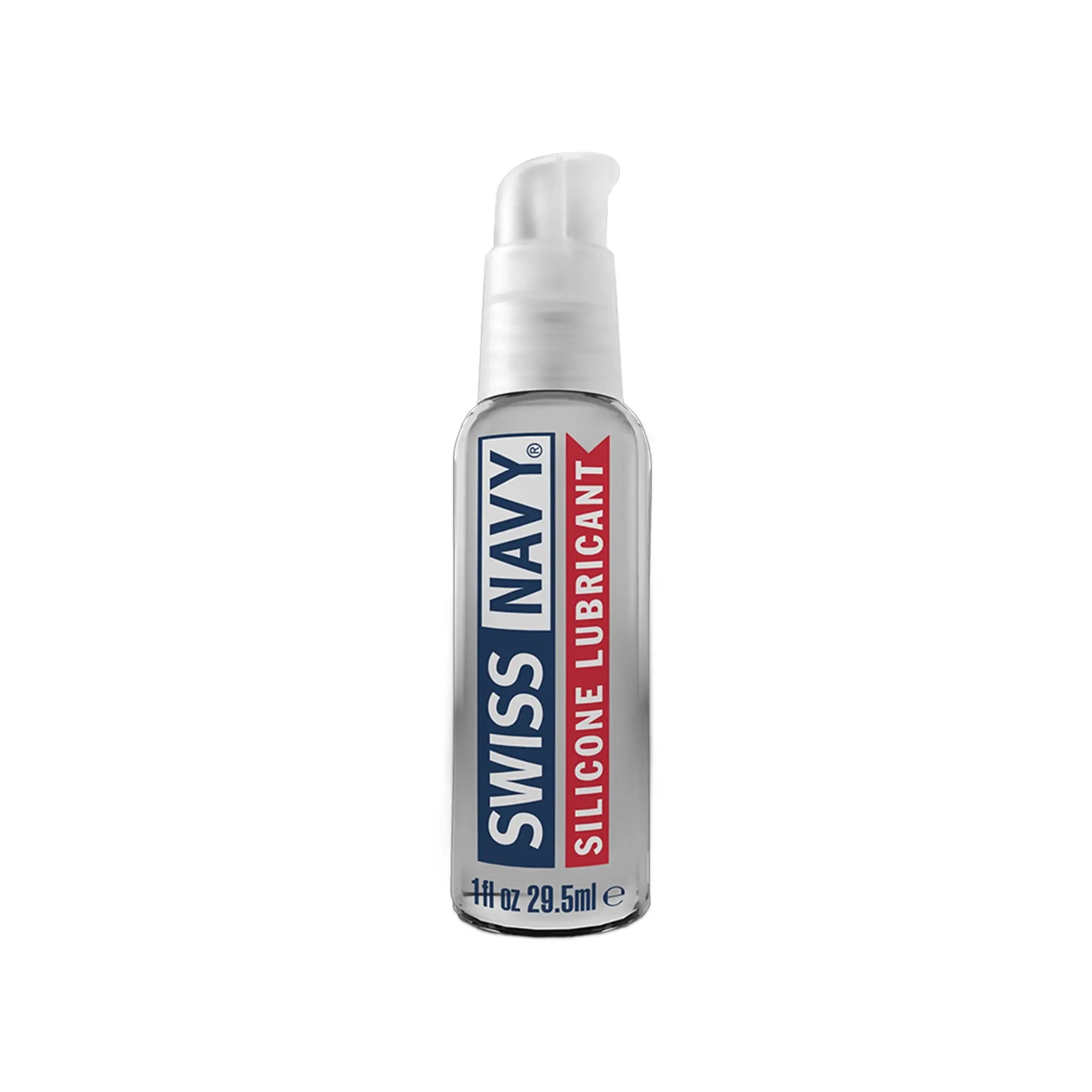 A sleek silver bottle of Swiss Navy silicone based lubricant with a white pump and bold blue and red labeling