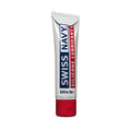 Swiss Navy silicone lubricant in a sleek silver silicone tube with bold red cap and branding 10ml size
