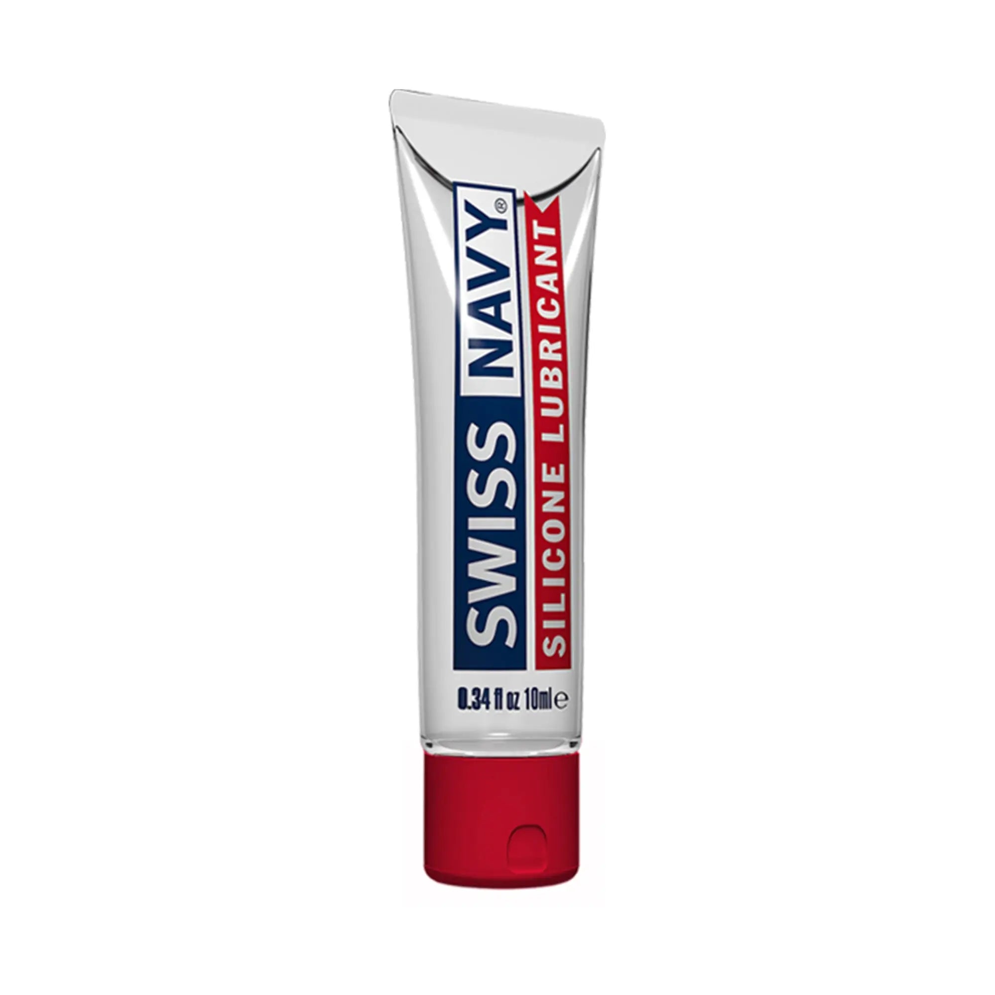 Swiss Navy silicone lubricant in a sleek silver silicone tube with bold red cap and branding 10ml size