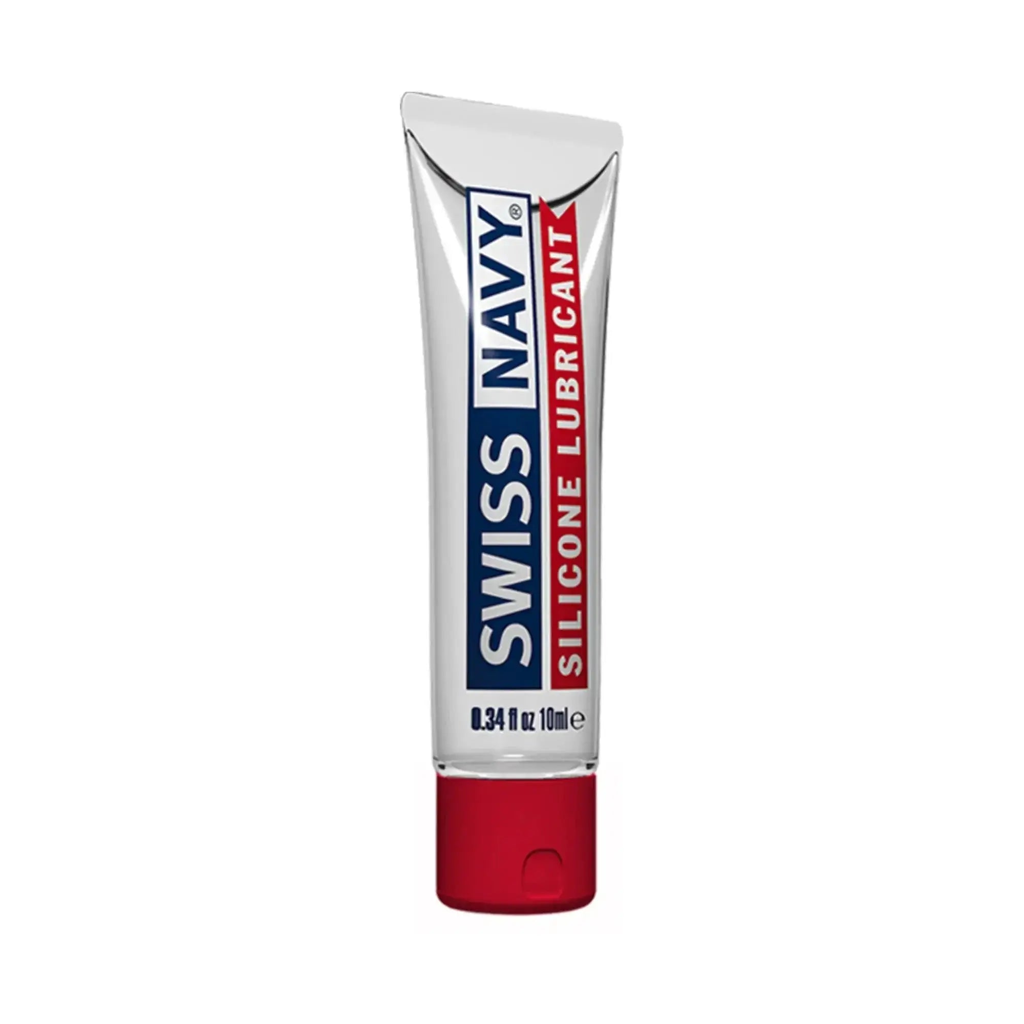 Swiss Navy silicone lubricant in a sleek silver silicone tube with bold red cap and branding 10ml size