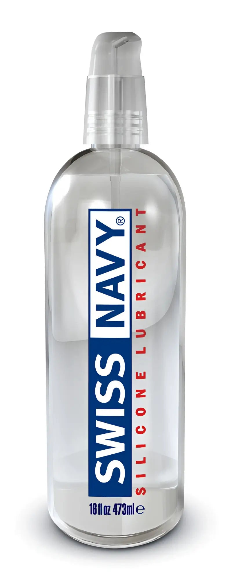 Clear plastic bottle with silver pump labeled swiss navy silicone lubricant 16oz for smooth, long-lasting lubrication