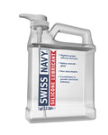 Clear plastic jug with gray pump labeled swiss navy silicone lubricant 1gal containing clear silicone lubricant