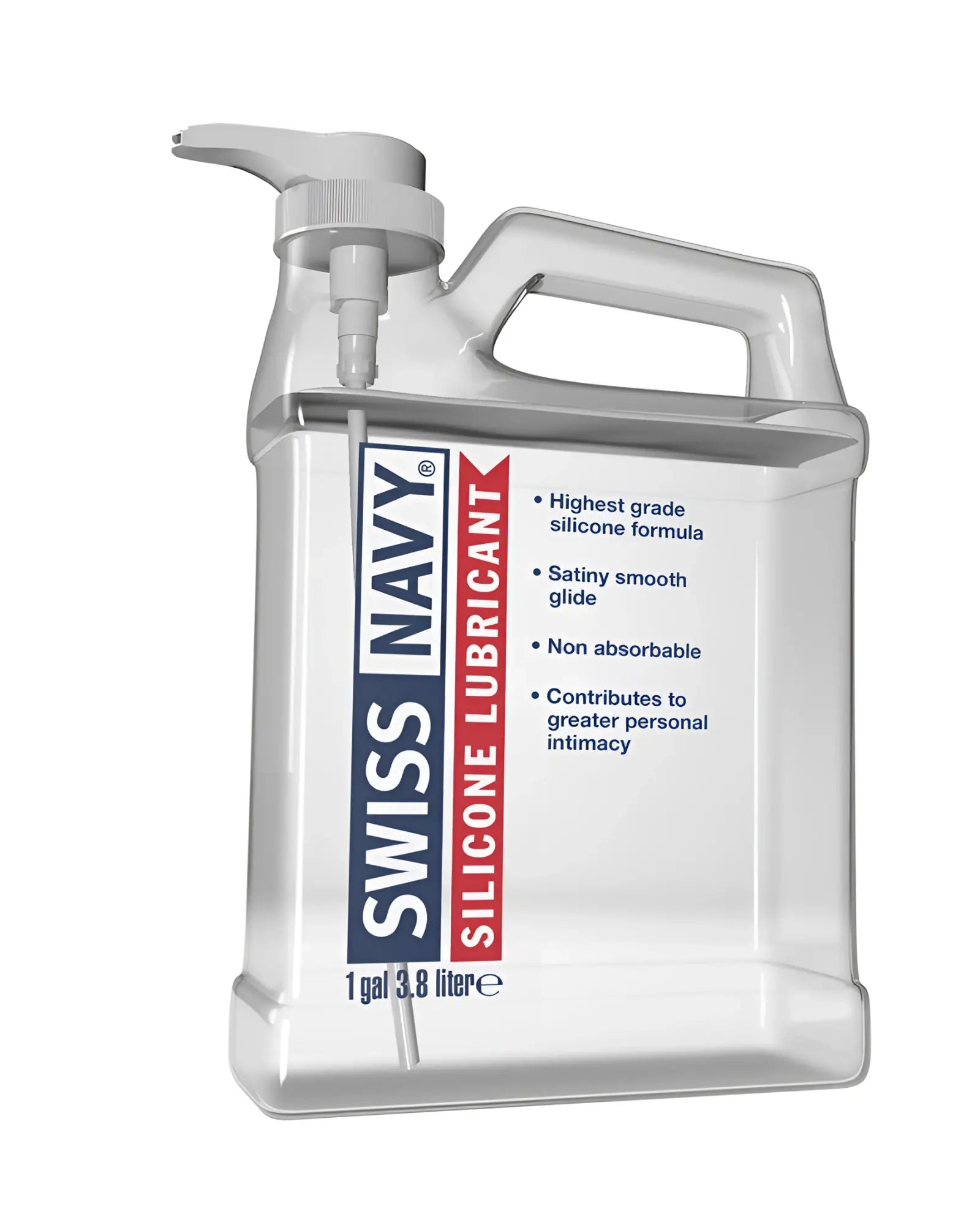 Clear plastic jug with gray pump labeled swiss navy silicone lubricant 1gal containing clear silicone lubricant