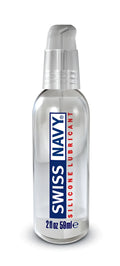 Clear glass bottle with silver pump dispenser containing Swiss Navy silicone lubricant 2oz with blue and red label