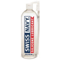 Clear plastic bottle with white pump labeled swiss navy silicone lubricant 32oz with bold blue and red text