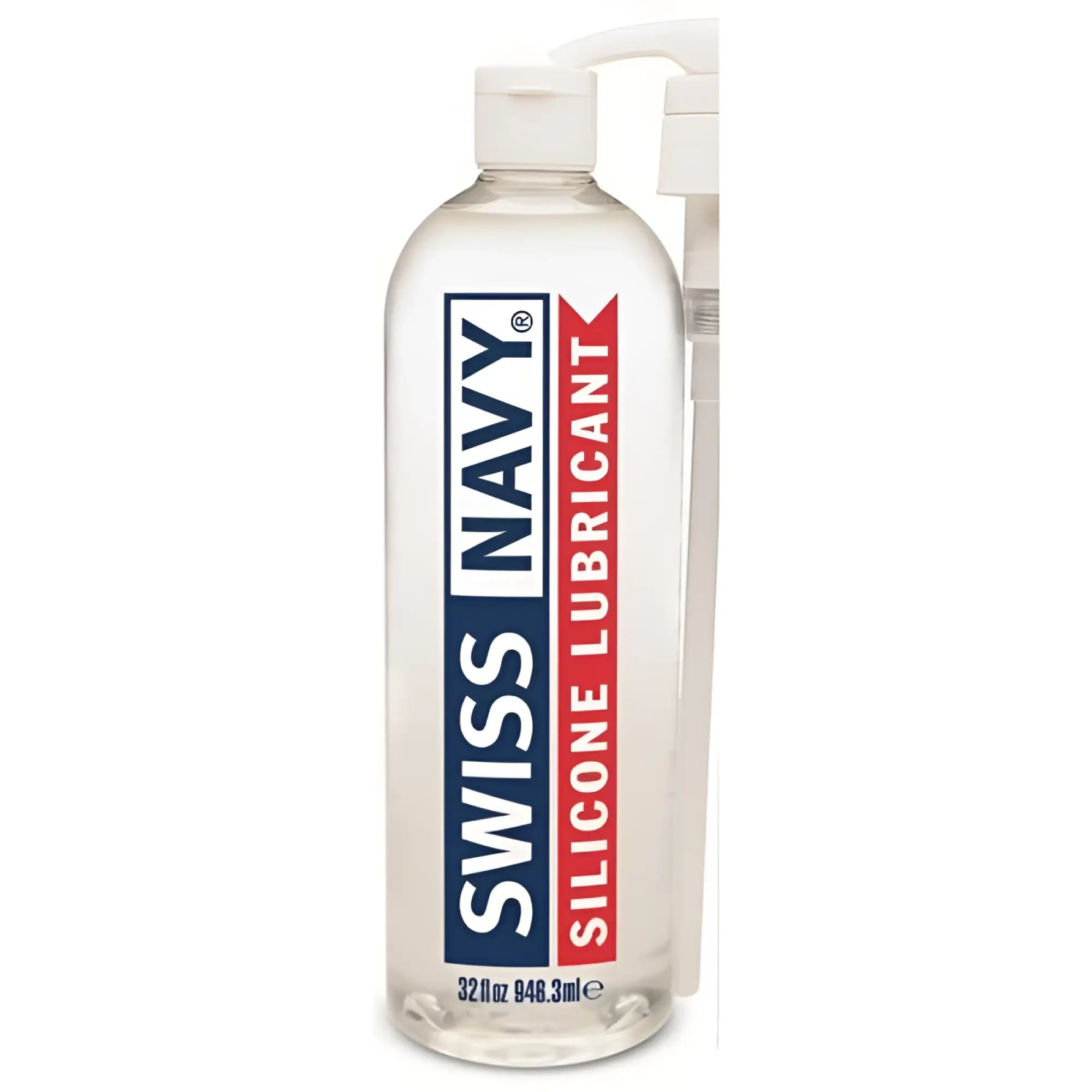 Clear plastic bottle with white pump labeled swiss navy silicone lubricant 32oz with bold blue and red text