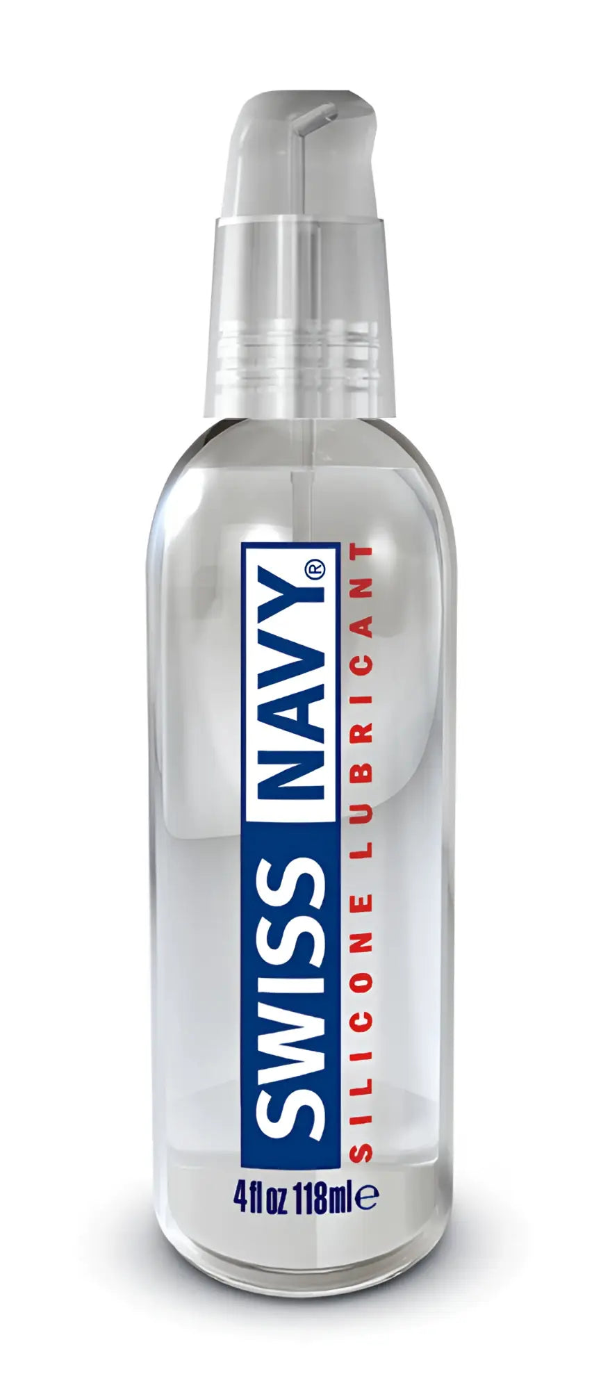Clear glass bottle with silver pump labeled swiss navy silicone lubricant in blue and red text 4oz 118ml