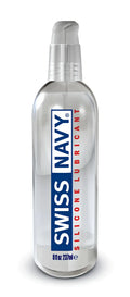 Clear plastic bottle with silver pump of swiss navy silicone lubricant 8oz 237ml labeled in blue and red text