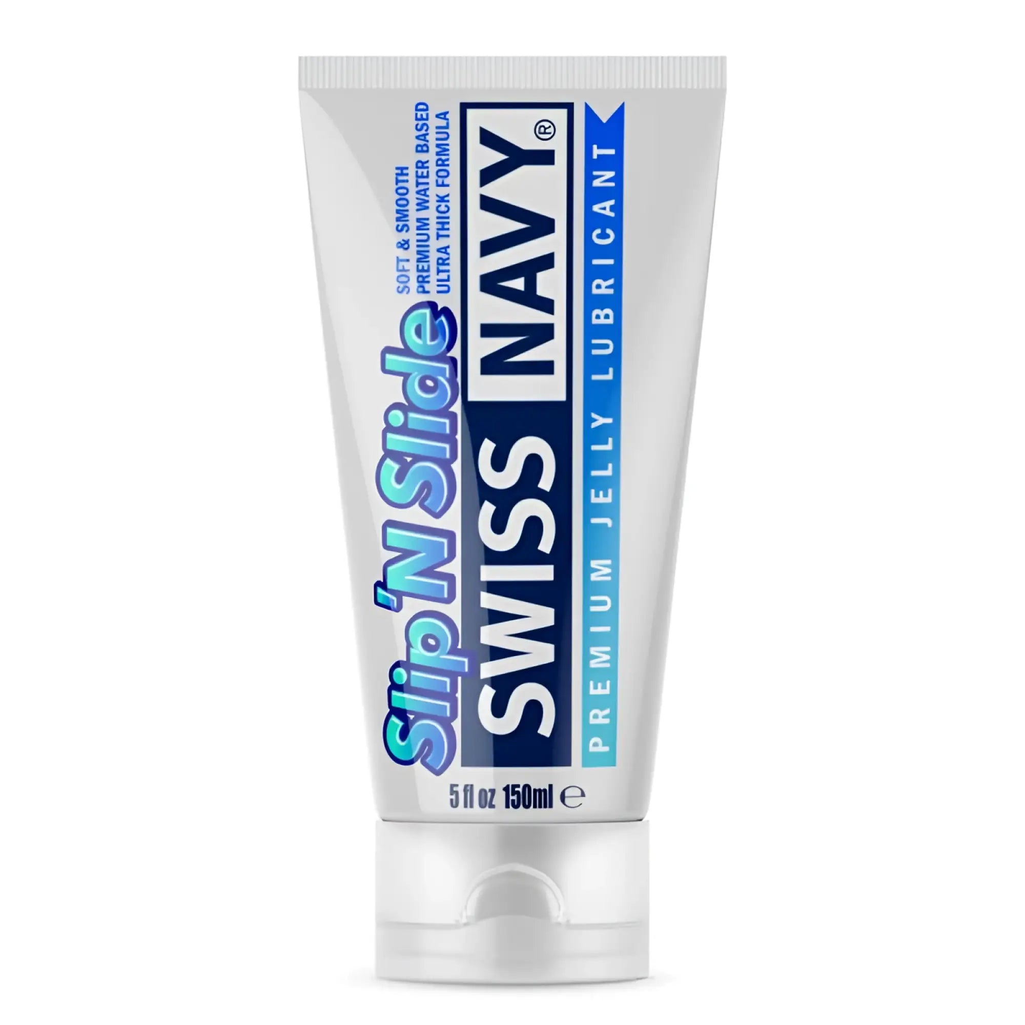 Silver tube of swiss navy slip n slide premium jelly lubricant 5oz for smooth and long-lasting use