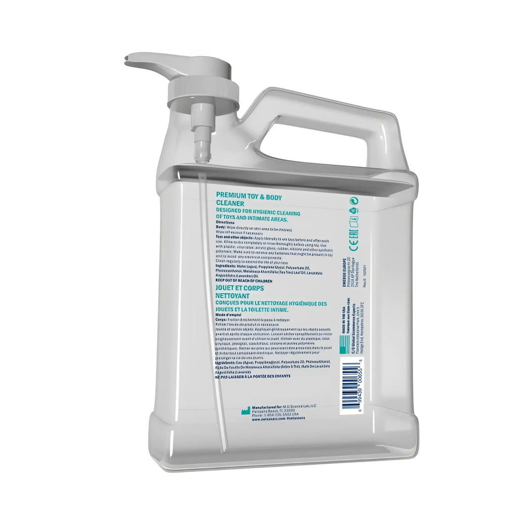 Clear plastic bottle with gray pump dispenser and handle labeled premium toy and body cleaner by swiss navy 1 gal