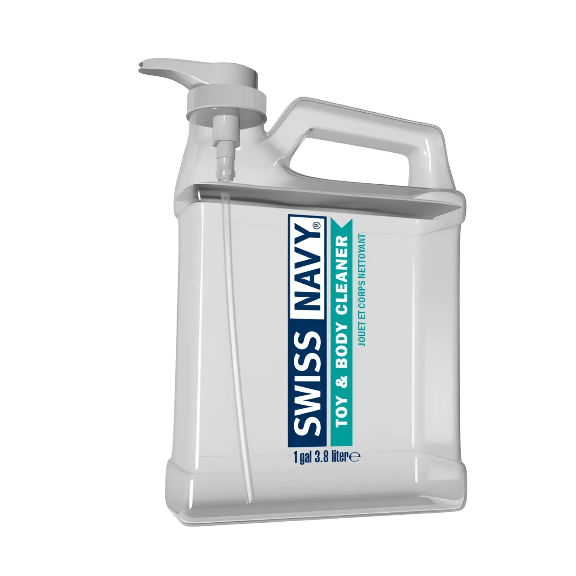 Clear plastic jug with gray pump handle labeled swiss navy toy and body cleaner 1 gal 3.8l for toy and body use
