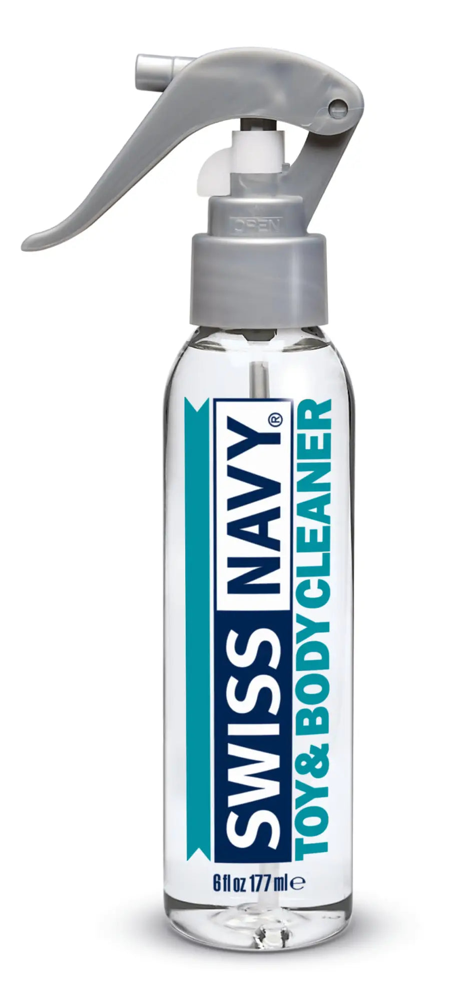 Clear plastic spray bottle with gray trigger nozzle labeled swiss navy toy and body cleaner 6oz 177ml