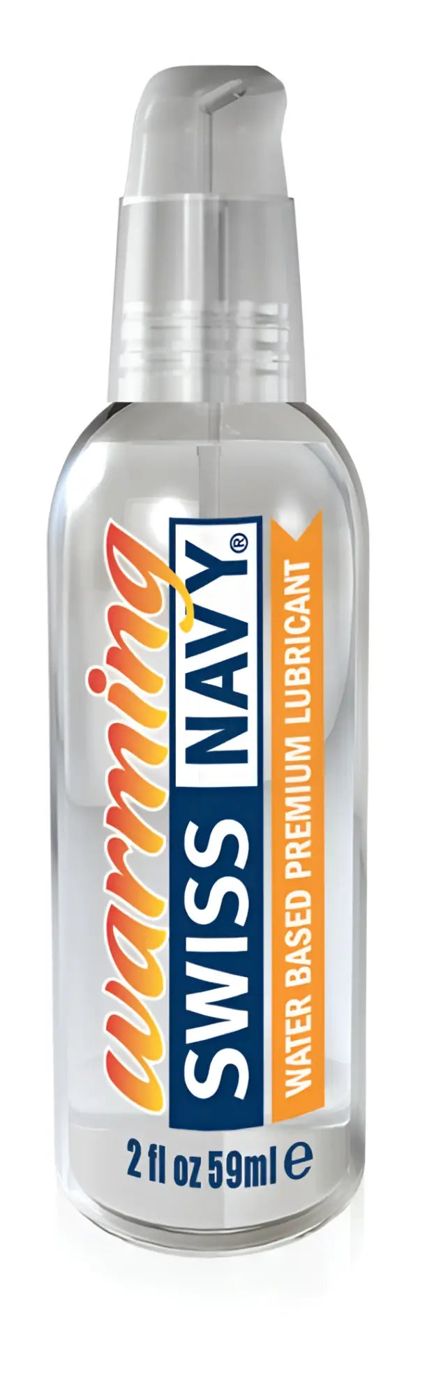 Clear plastic bottle with silver pump labeled warming Swiss Navy water based premium lubricant 2oz 59ml