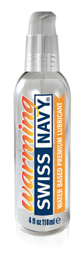 Clear plastic bottle with silver pump labeled warming Swiss Navy water based premium lubricant 4oz 118ml