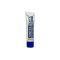 A sleek silver tube with a bold blue cap labeled swiss navy water based lubricant 10ml with navy-blue branding