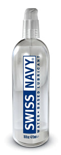 Clear plastic bottle with transparent pump labeled swiss navy water based lubricant 16oz for personal lubrication use