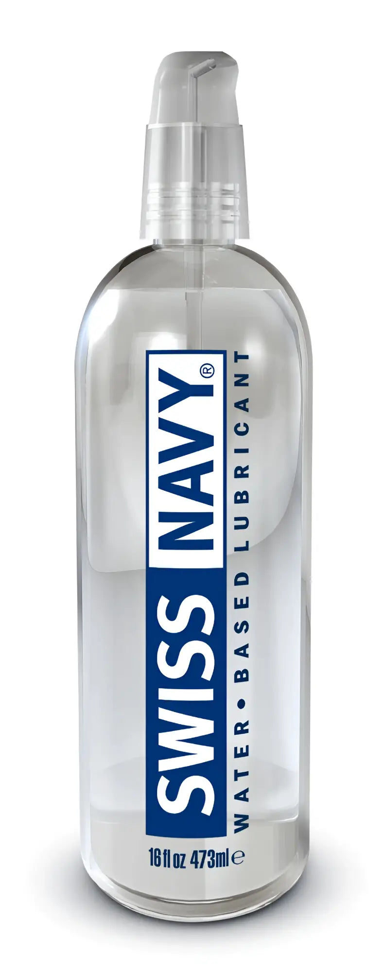 Clear plastic bottle with transparent pump labeled swiss navy water based lubricant 16oz for personal lubrication use