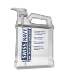 Clear plastic jug with gray pump dispenser labeled swiss navy water based lubricant in blue and white text 1gal 3.8l