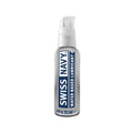 A sleek transparent bottle of swiss navy water based lubricant with a white pump and bold blue labeling 1oz 29ml