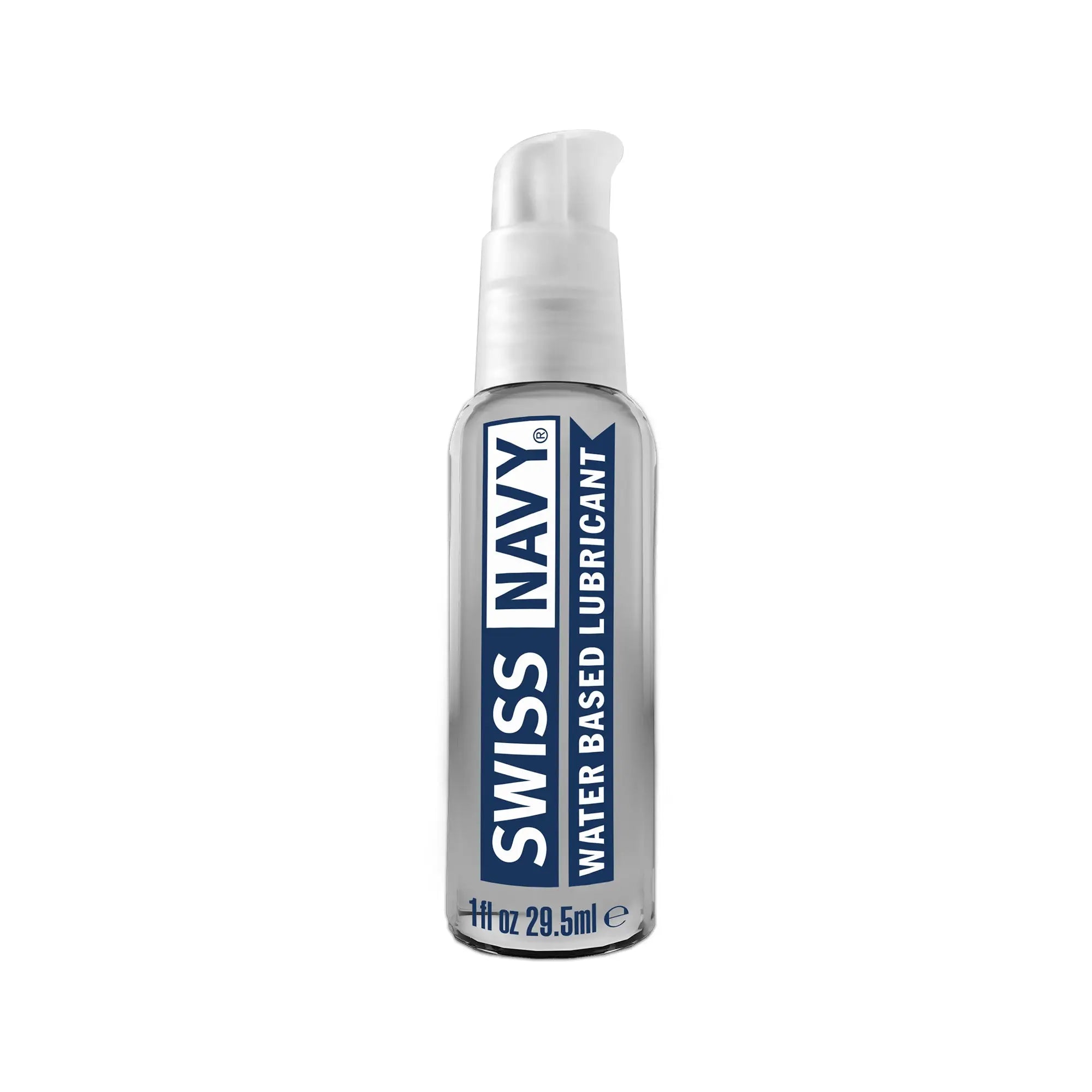 A sleek transparent bottle of swiss navy water based lubricant with a white pump and bold blue labeling 1oz 29ml