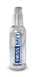 Clear glass bottle with silver pump labeled swiss navy water based lubricant 2oz blue and white text