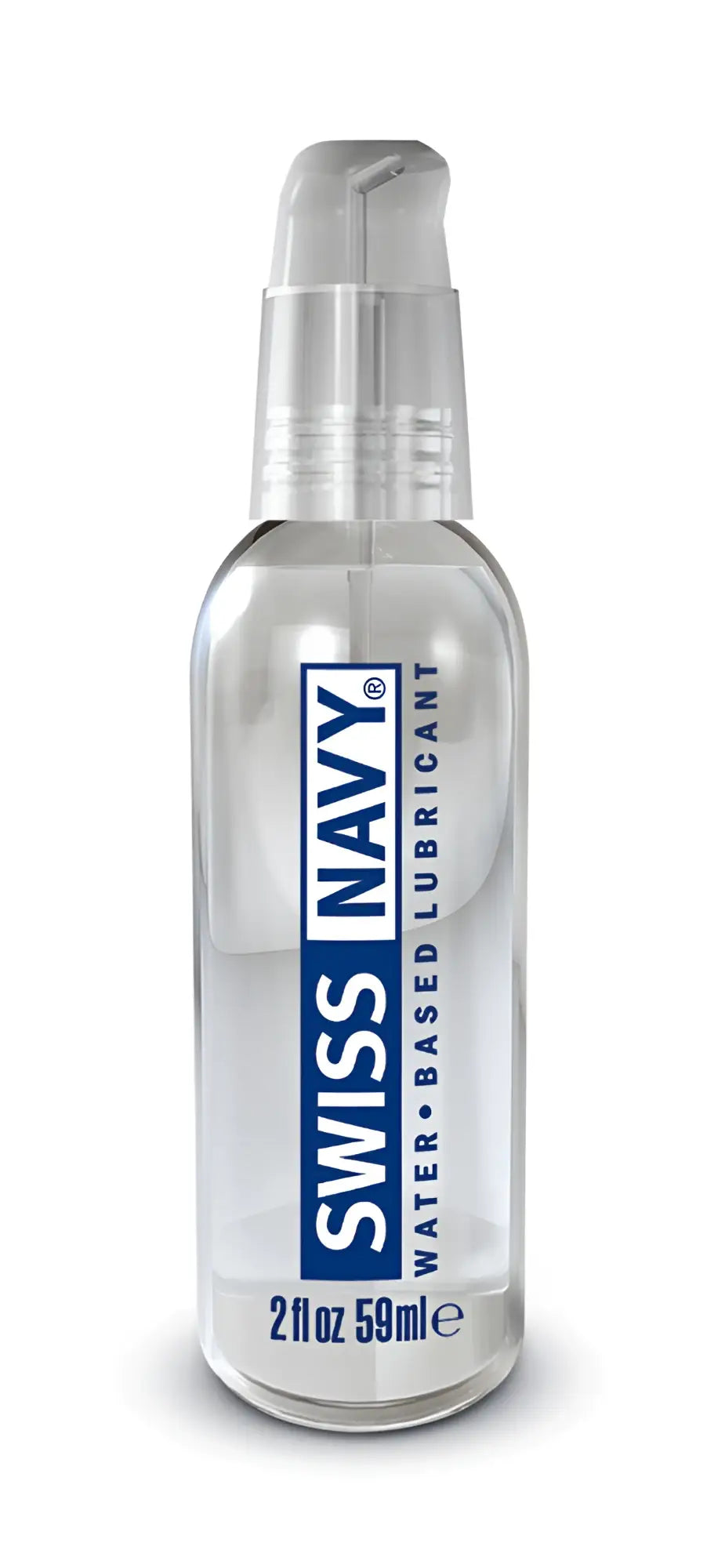 Clear glass bottle with silver pump labeled swiss navy water based lubricant 2oz blue and white text