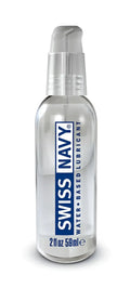 Clear glass bottle with silver pump labeled swiss navy water based lubricant 2oz blue and white text