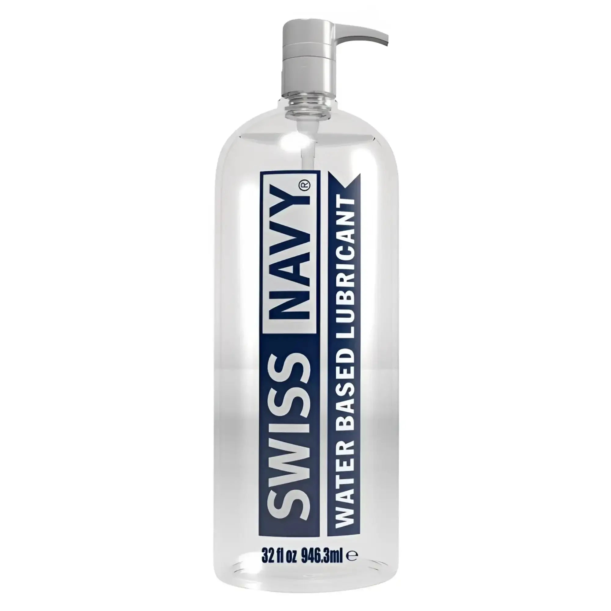 Clear plastic bottle with silver pump labeled swiss navy water based lubricant 32oz 946ml for personal use