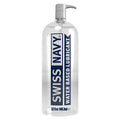 Clear plastic bottle with silver pump labeled swiss navy water based lubricant 32oz 946ml for personal use