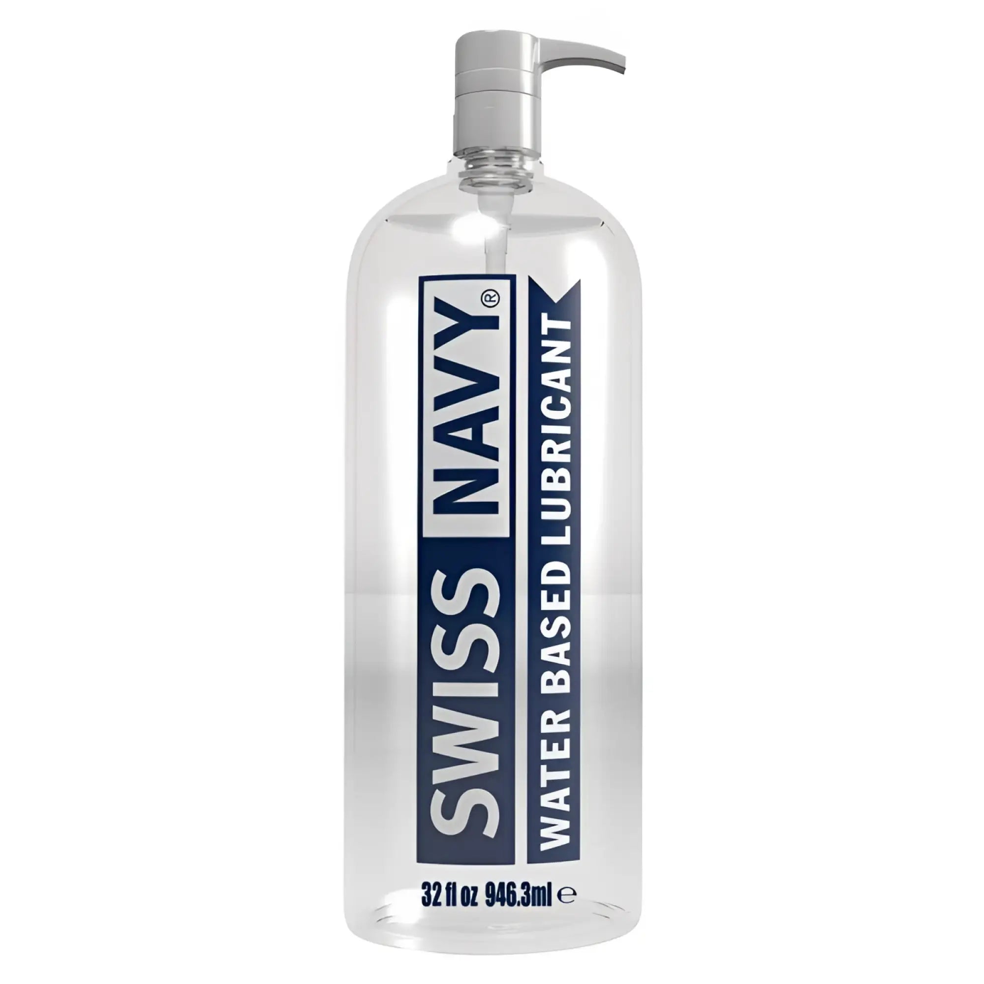 Clear plastic bottle with silver pump labeled swiss navy water based lubricant 32oz 946ml for personal use