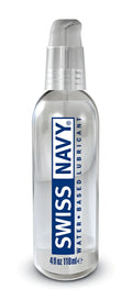 Clear plastic bottle with silver pump dispenser labeled swiss navy water based lubricant 4oz for smooth intimate use