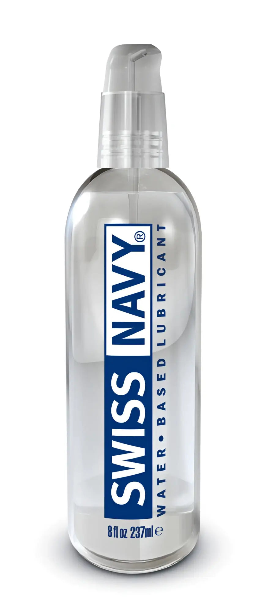 Clear glass bottle with silver pump labeled swiss navy water based lubricant 8oz 237ml for personal use