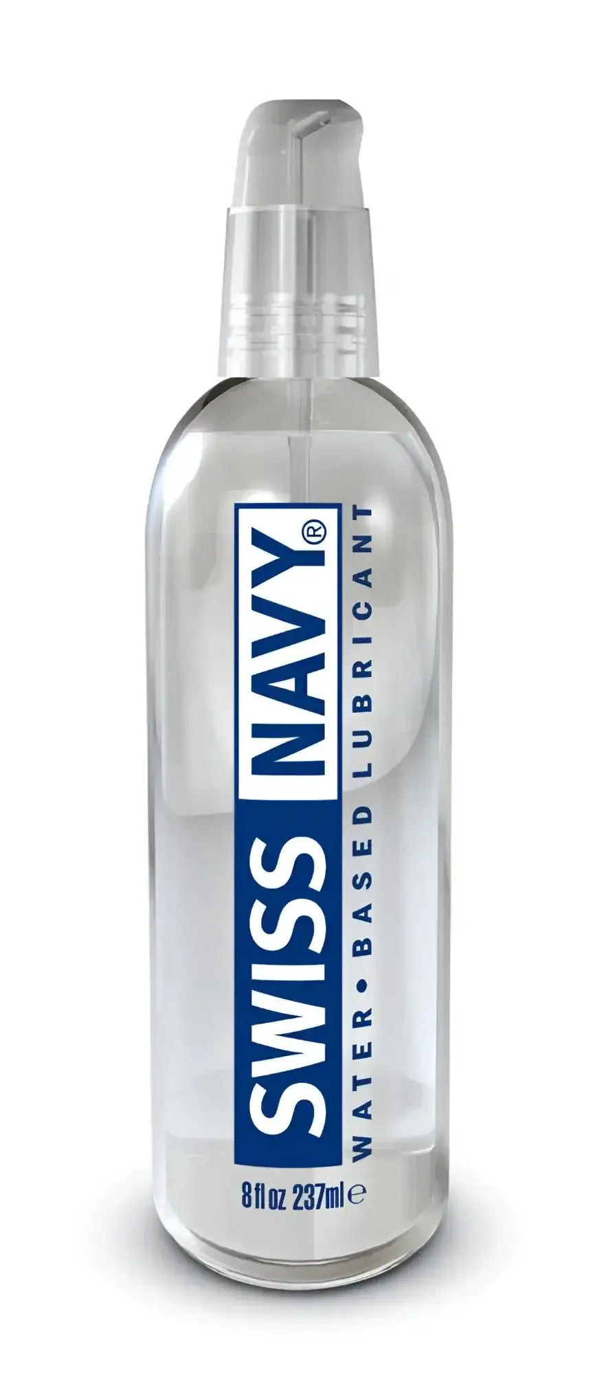 Clear glass bottle with silver pump labeled swiss navy water based lubricant 8oz 237ml for personal use