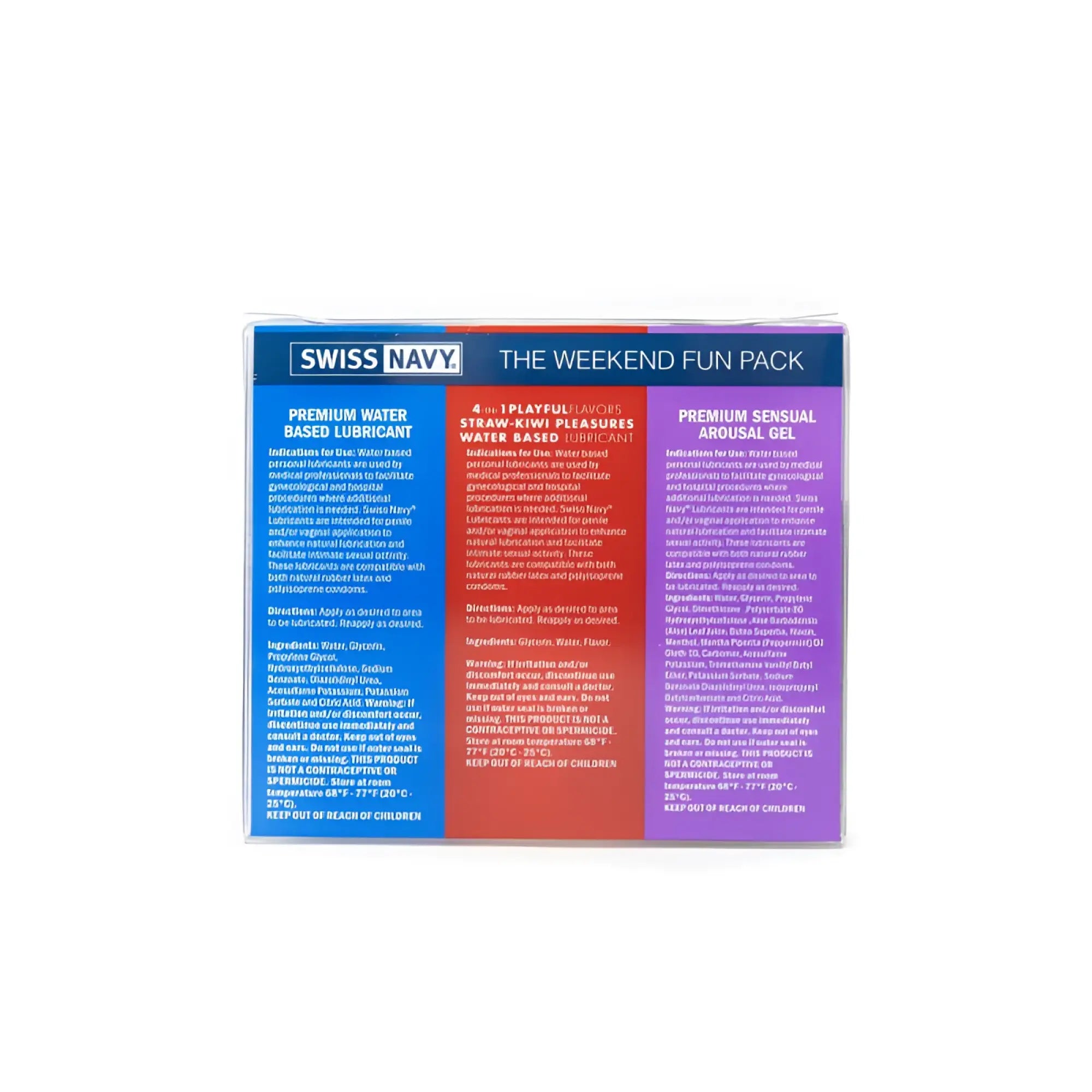 Swiss Navy Weekend Fun Pack featuring three water-based lubricants in blue red and purple tubes for smooth pleasure