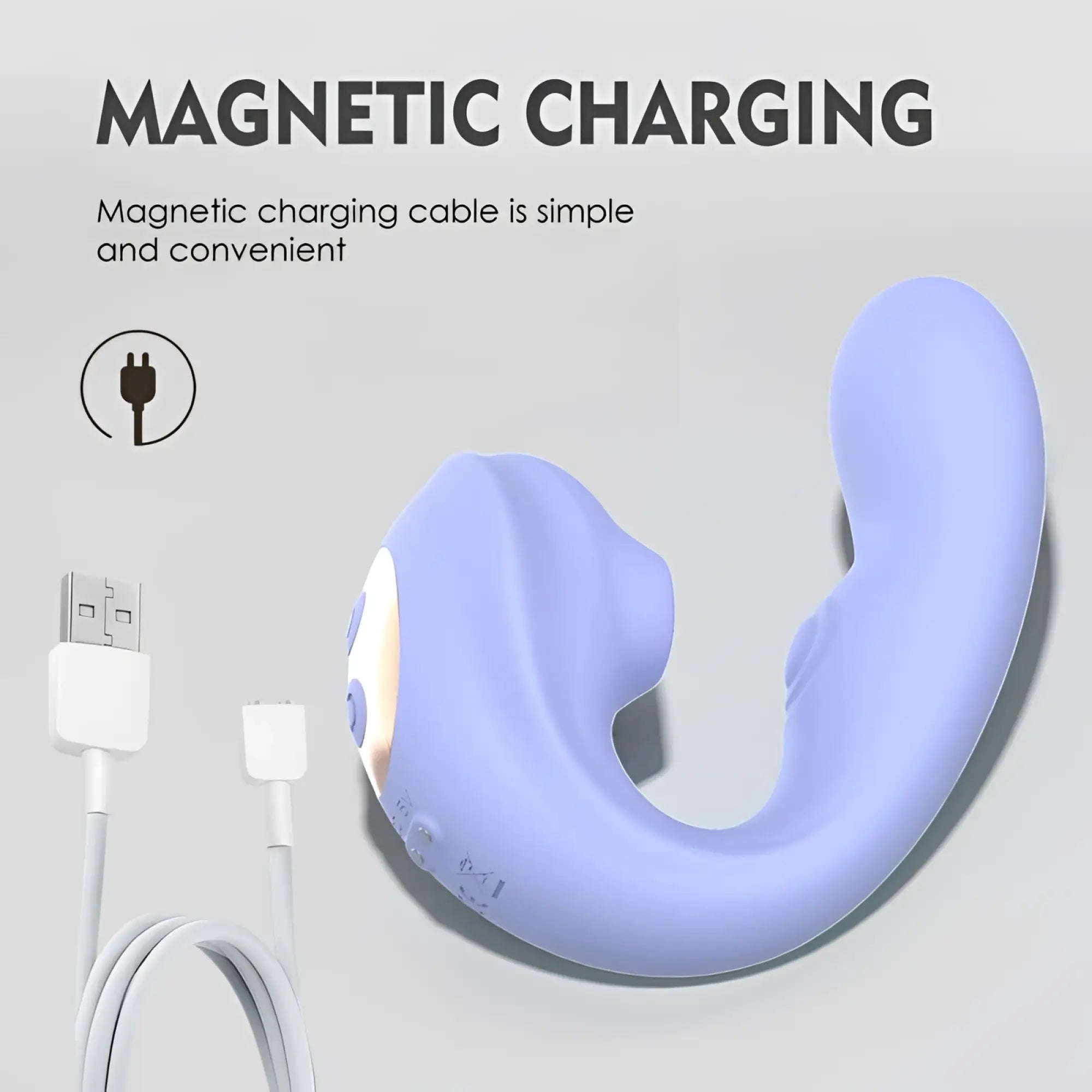 Light purple silicone SXE Aria air pulse C shaped adult toy with magnetic charging cable for intimate use