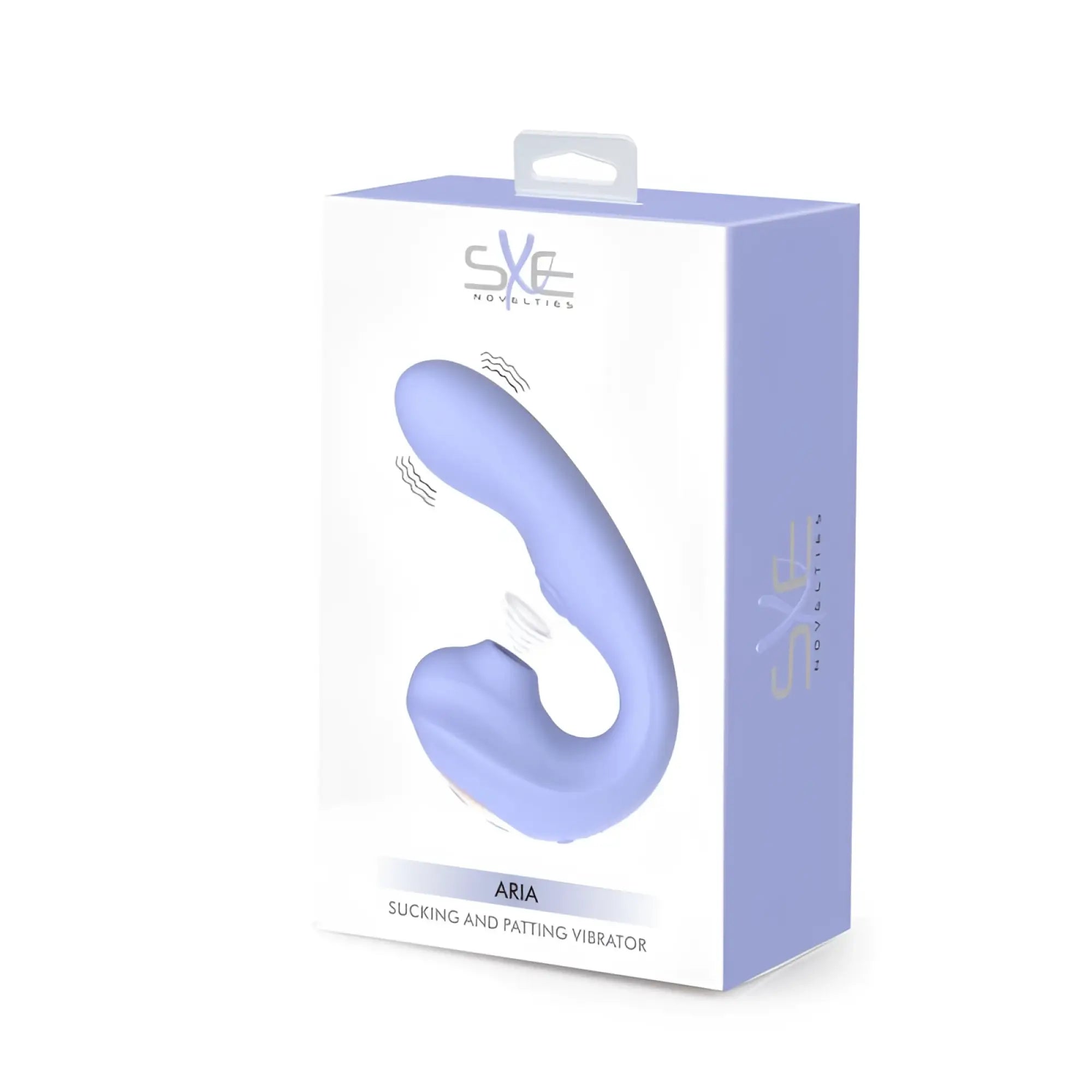 The sxe aria air pulse c shaped vibrator is a sleek lavender silicone device with ergonomic curved design for air pulse stimulation