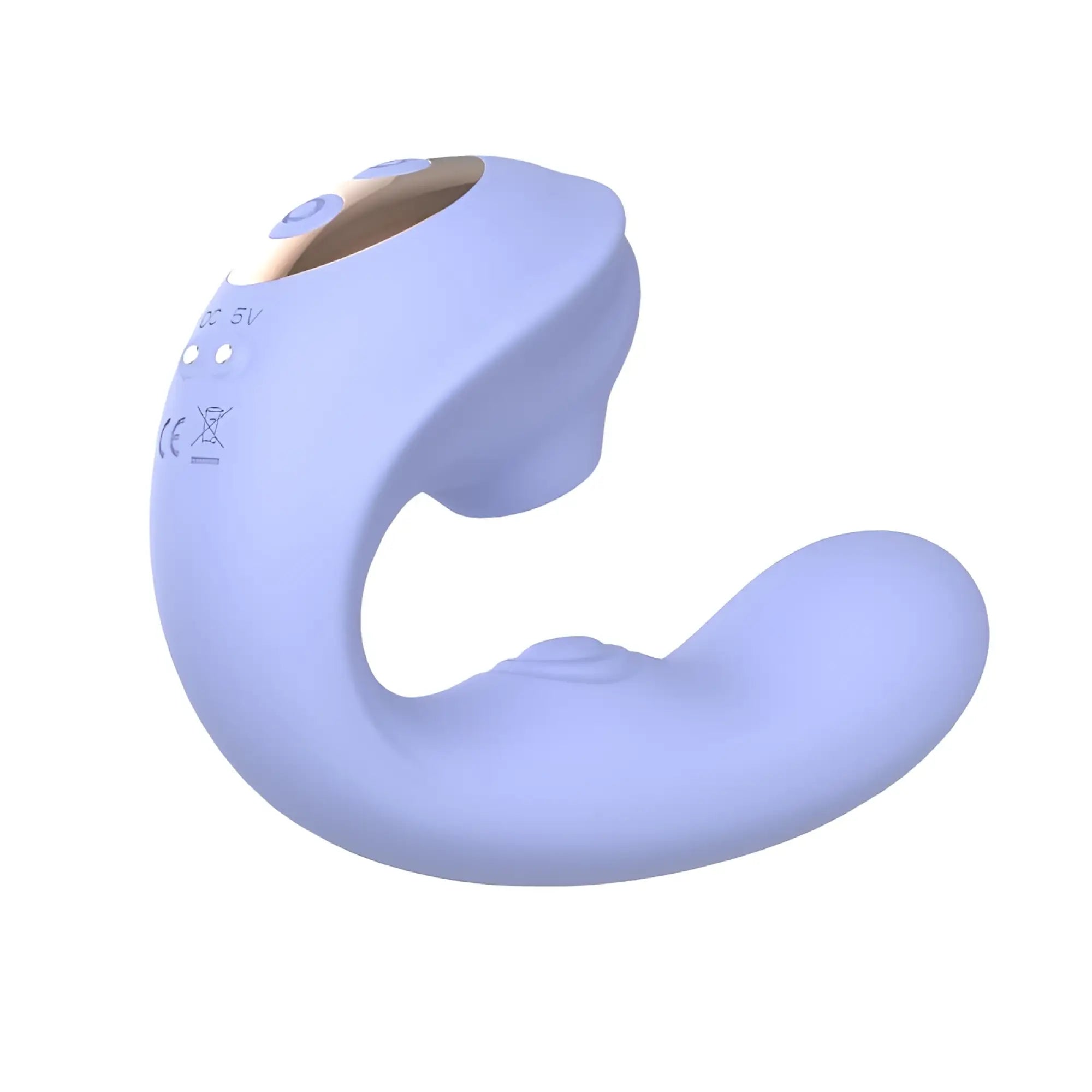 A sleek lavender silicone sxé aria air pulse c shaped vibrator with smooth curves and a gold toned control panel