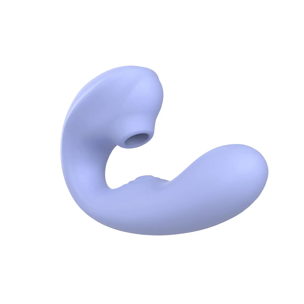 Sxe aria air pulse c shaped vibrator is a smooth lavender silicone toy with curved design and suction cup base