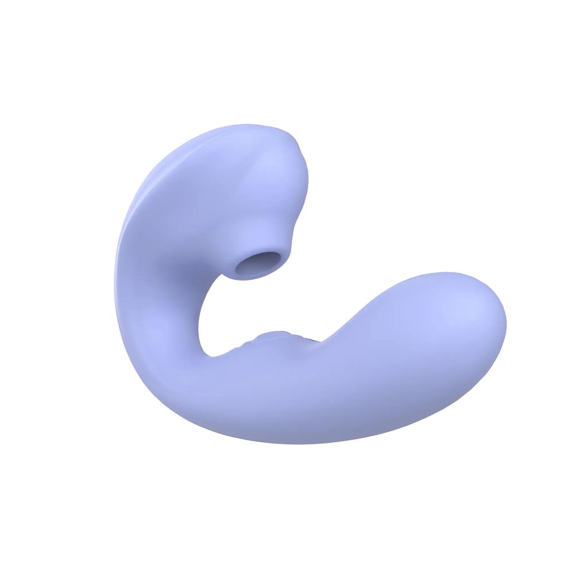 Sxe aria air pulse c shaped vibrator is a smooth lavender silicone toy with curved design and suction cup base