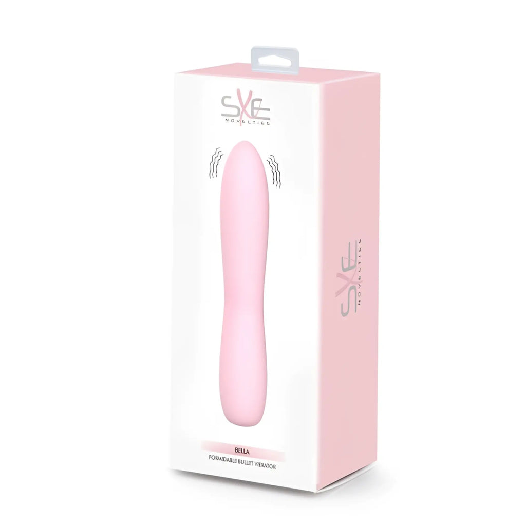 Pink sxe novelties bella silicone 140mm formable bullet vibrator in retail packaging for targeted massage