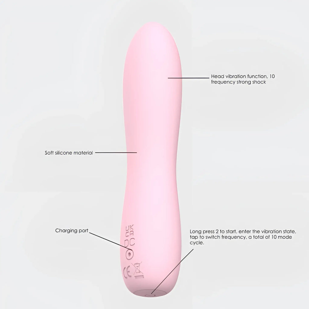 SxE bella silicone 140mm pink bullet massager showing charging port at the base with soft silicone material