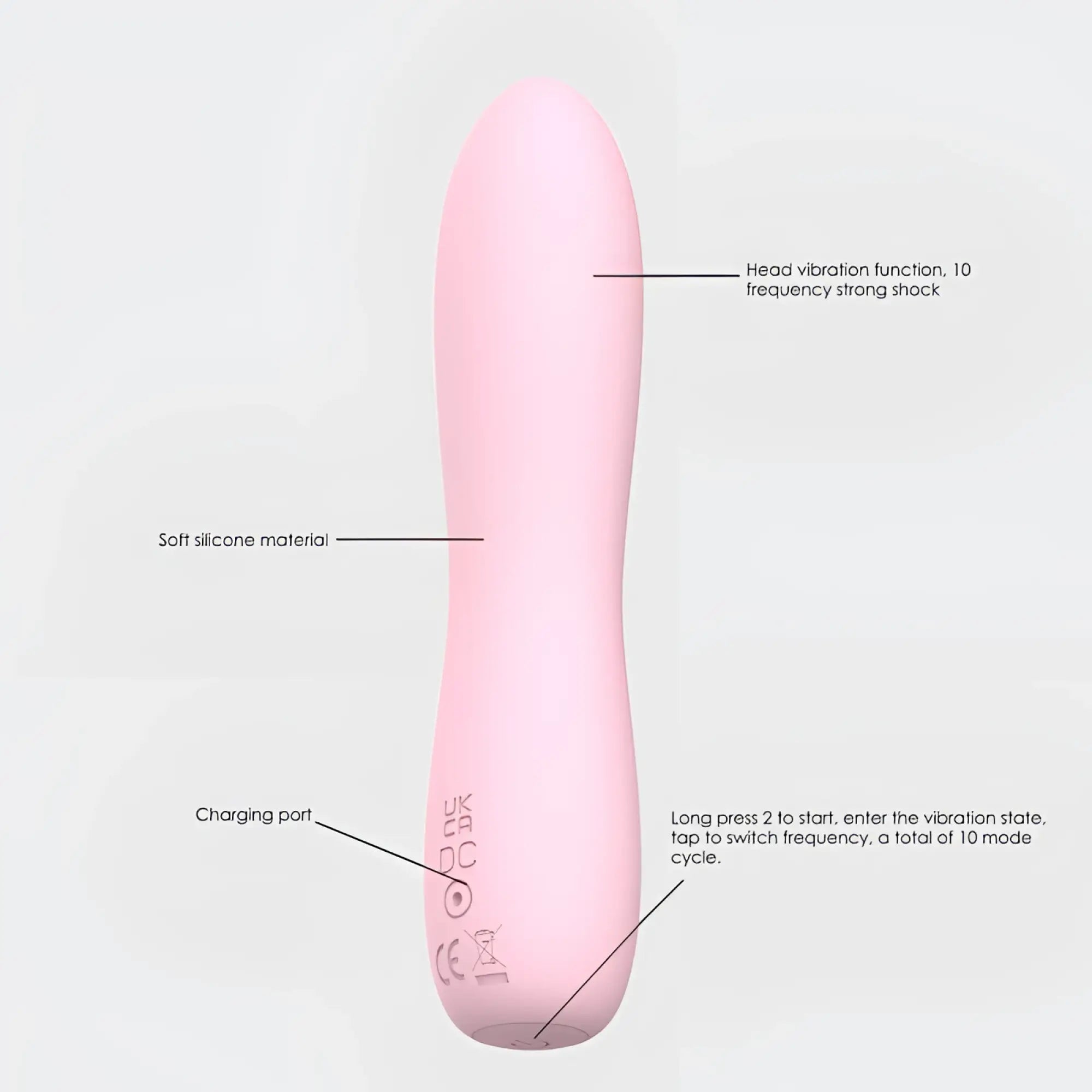 SxE bella silicone 140mm pink bullet massager showing charging port at the base with soft silicone material